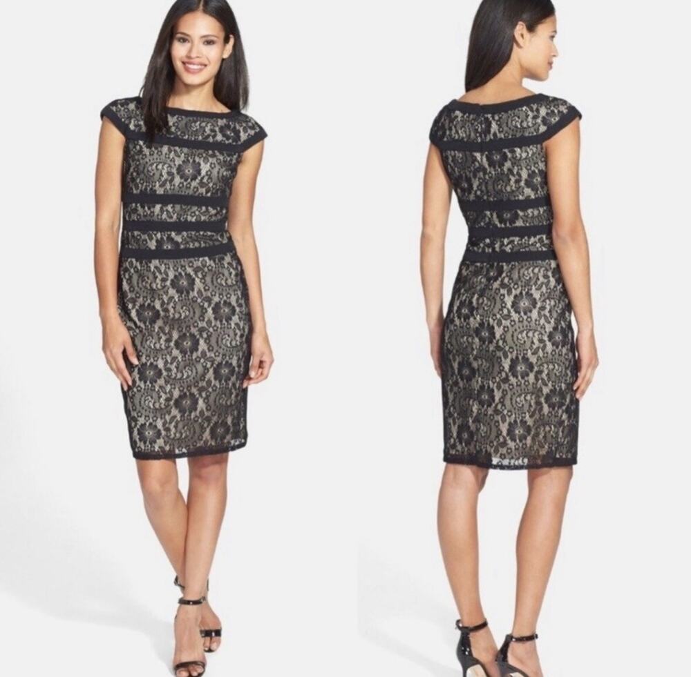 Adrianna Papell Black Lace Nude Sheath Ribbons Dress Size 4
